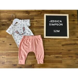 Jessica Simpson Knit Bodysuit Joggers Applique Bunny Pink Polka Dot Easter 12M